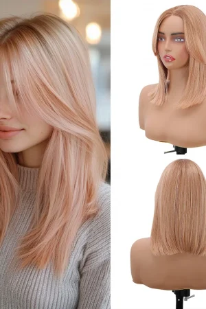 12 Inch Bob Wig Synthetic Lace Wigs With Bangs Rose Golden Pre Plucked Pre Plucked Layered T-Part Wig Pre-Cut Sliver Cosplay Wig