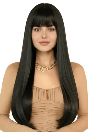 Straight black wig with curtain-like bangs，with Bangs Blonde Cosplay Party Natural Hair Wigs for Women Heat Resistant