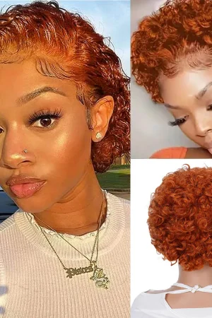 #350 Ginger Color Short Curly Bob Wig Pixie Cut 13x1 Lace Front Wig Human Hair Lace Wigs For Women 6inch Short Pixie Curly Wigs