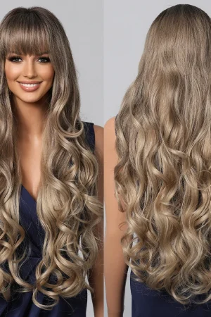 Loose Body Wave Synthetic Wigs Long Brown Blonde Ombre Wig with Bangs Wave Curl Wigs for Black Women Heat Resistant Daily Party