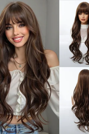 30 Inches Loose Body Wave Synthetic Wigs For Women Daily Party Natural Brown Wigs With Bangs High Temperature Long Curly Wigs