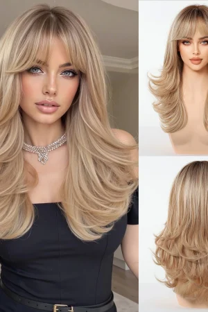 Black To Light Gold Gradiebt Elegant Wigs Wave Synthetic Wigs With Bangs For Women Daily Party High Temperature Long Curly Wigs
